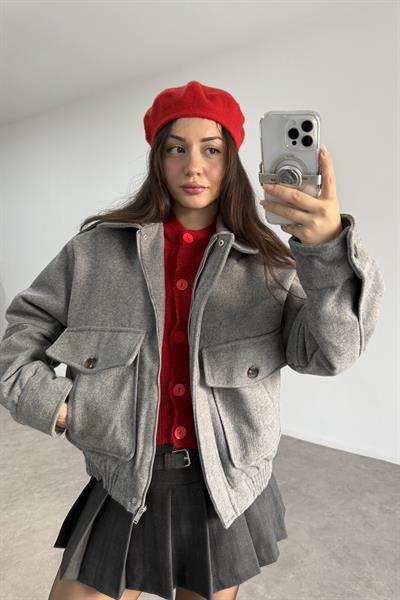 Cep Detaylı Bomber Kaşe Kürklü Gri Kaban