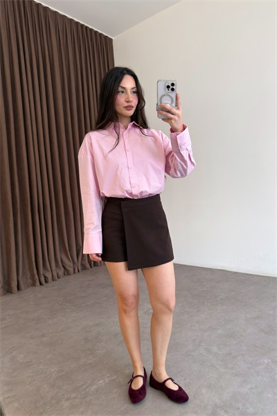 Cep Detaylı Önü Asimetrik Kahve Şort Etek