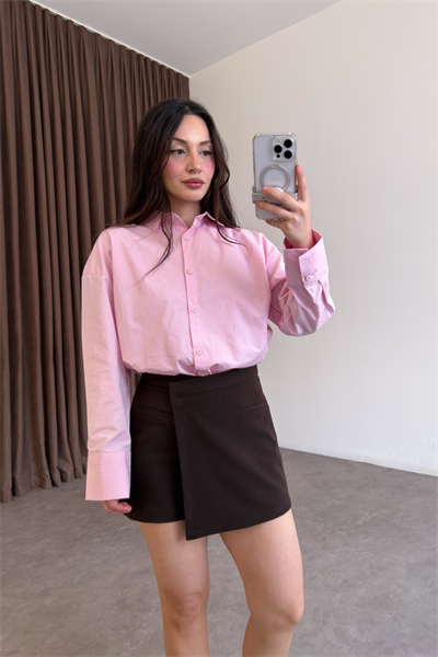 Cep Detaylı Önü Asimetrik Kahve Şort Etek