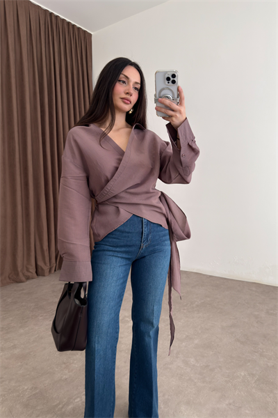 Çizgili Bağlama Detaylı Kahve Gömlek