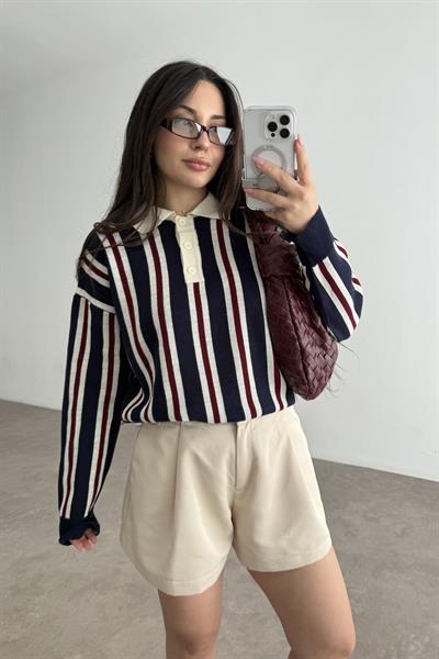 Çizgili Polo Yaka Lacivert Triko