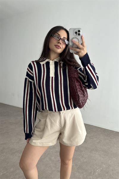 Çizgili Polo Yaka Lacivert Triko