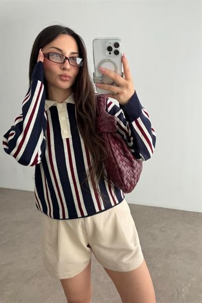 Çizgili Polo Yaka Lacivert Triko