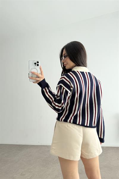 Çizgili Polo Yaka Lacivert Triko