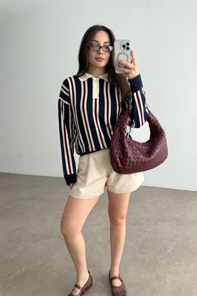 Çizgili Polo Yaka Lacivert Triko