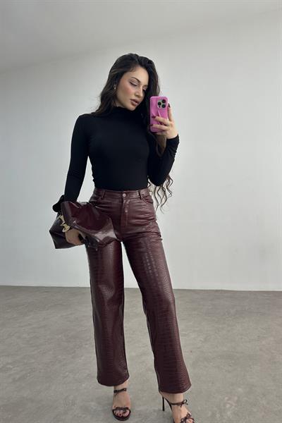 Crocodile Deri Pantolon Bordo