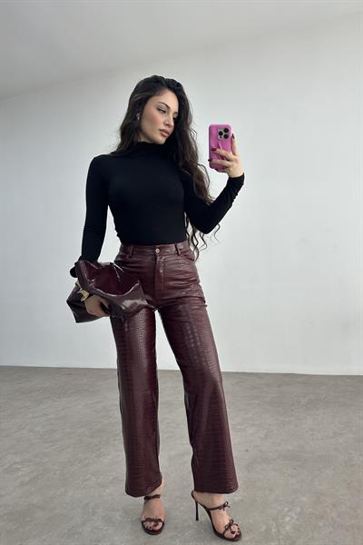 Crocodile Deri Pantolon Bordo