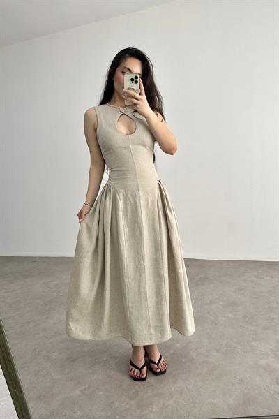 Damla Dekolteli Premium Keten  Midi Elbise Ekru