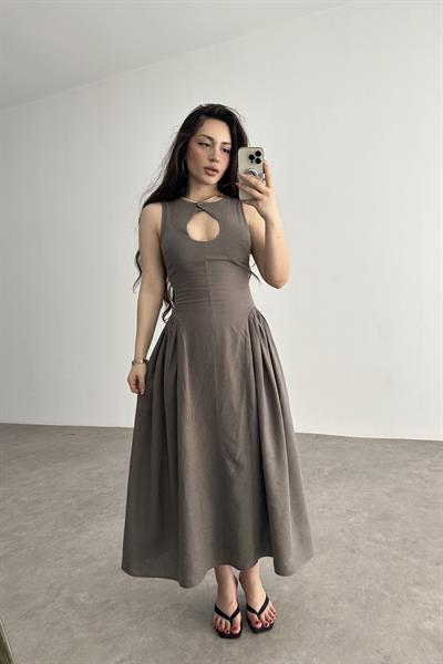 Damla Dekolteli Premium Keten  Midi Elbise Kahve