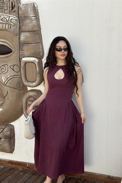 Damla Dekolteli Premium Keten  Midi Elbise Mürdüm