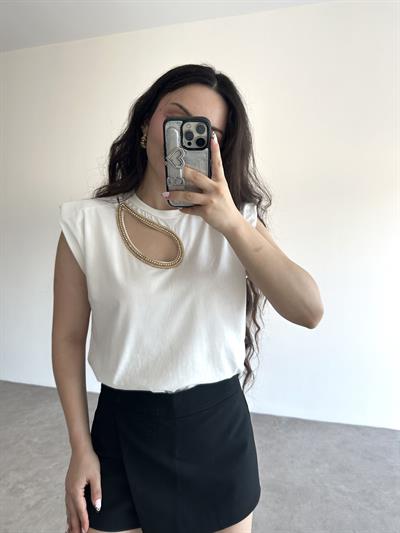 Damla Dekolteli Taşlı Beyaz Tişört