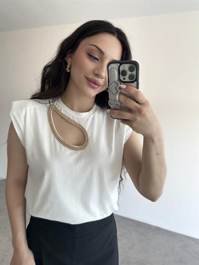 Damla Dekolteli Taşlı Beyaz Tişört