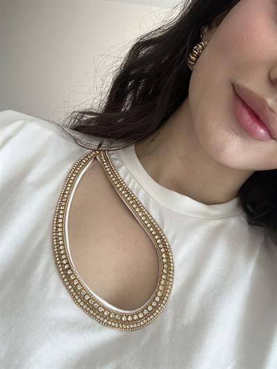 Damla Dekolteli Taşlı Beyaz Tişört