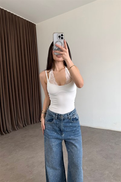 Dantel Detaylı Askılı Beyaz Body
