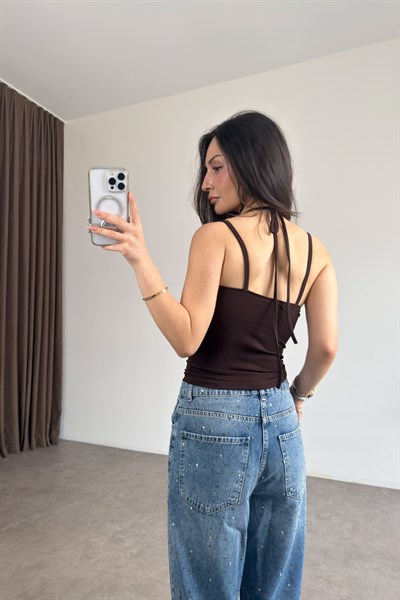 Dantel Detaylı Askılı Kahve Body