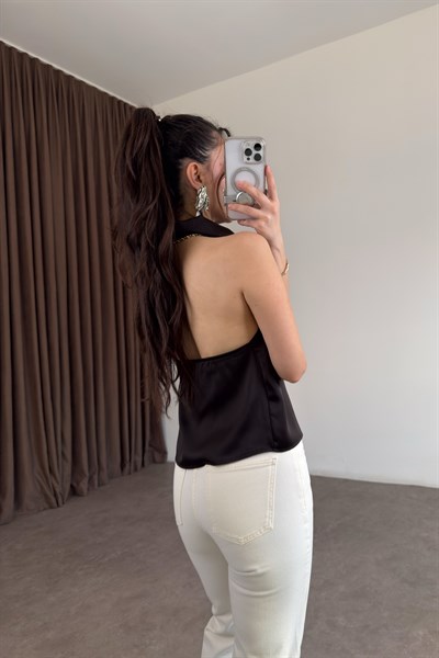 Degaje Yaka Saten Kahve Bluz