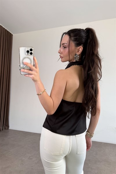 Degaje Yaka Saten Kahve Bluz