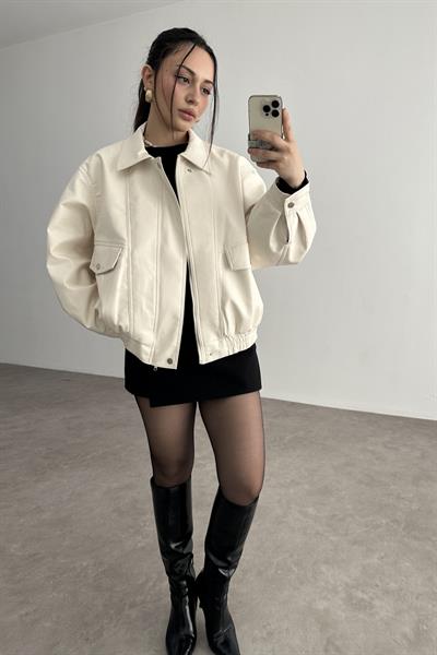 Deri Bomber Ceket Ekru