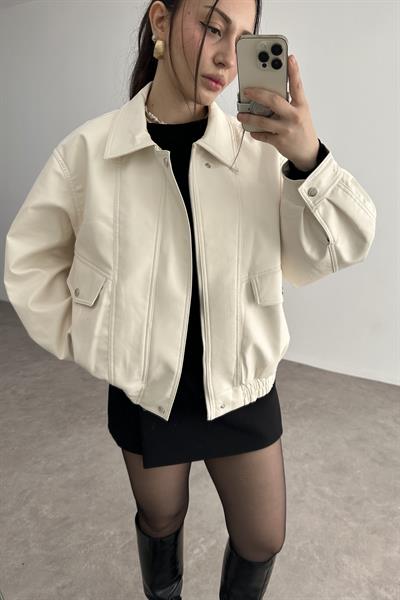 Deri Bomber Ceket Ekru