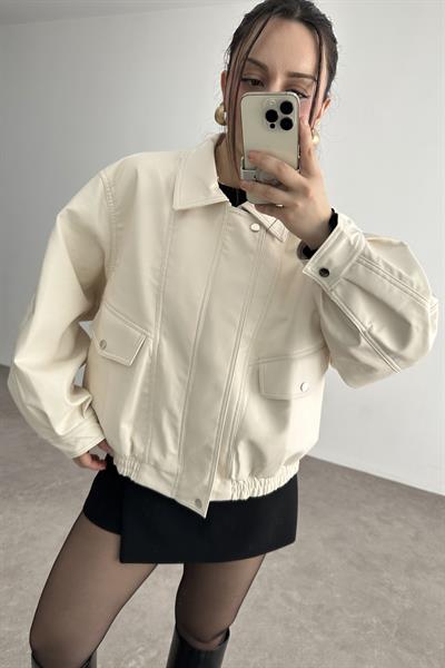 Deri Bomber Ceket Ekru