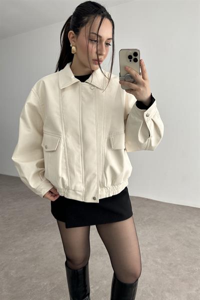 Deri Bomber Ceket Ekru