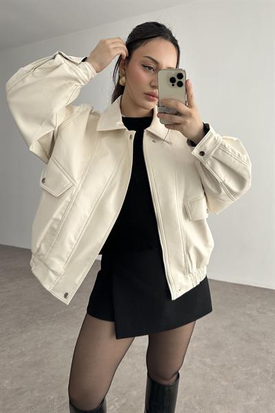 Deri Bomber Ceket Ekru