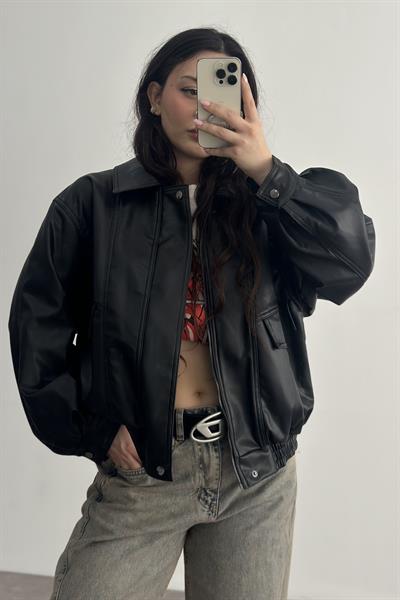 Deri Bomber Ceket Siyah