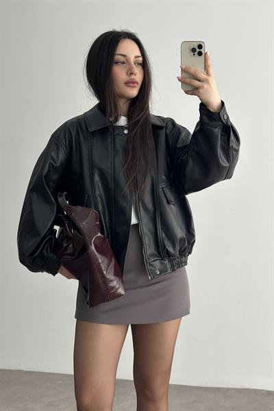 Deri Bomber Ceket Siyah