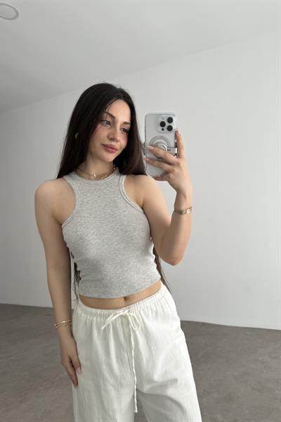 Derin Halter Yaka  Fitilli Atlet Açık Gri