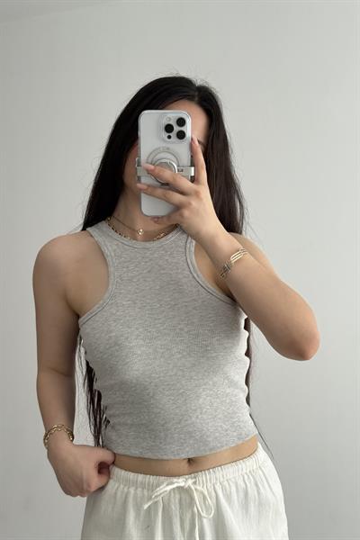 Derin Halter Yaka  Fitilli Atlet Açık Gri