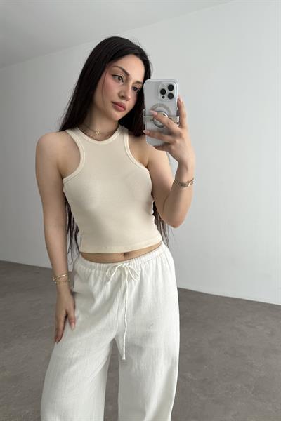 Derin Halter Yaka Fitilli Atlet Ekru