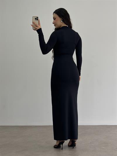 Dik Yaka İpekjarse Uzun Siyah Elbise