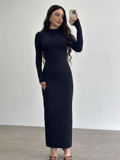 Dik Yaka İpekjarse Uzun Siyah Elbise