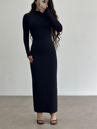 Dik Yaka İpekjarse Uzun Siyah Elbise