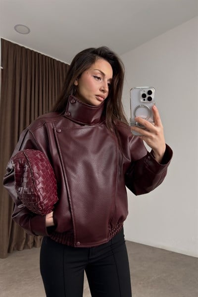 Dik Yakalı Bordo Kroko Deri Ceket