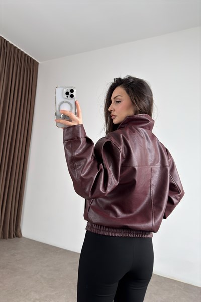 Dik Yakalı Bordo Kroko Deri Ceket