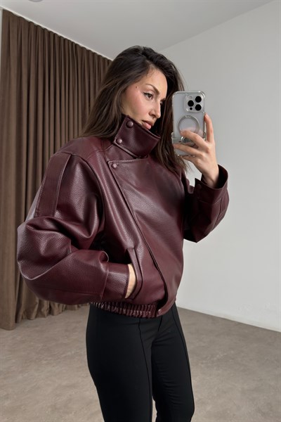 Dik Yakalı Bordo Kroko Deri Ceket