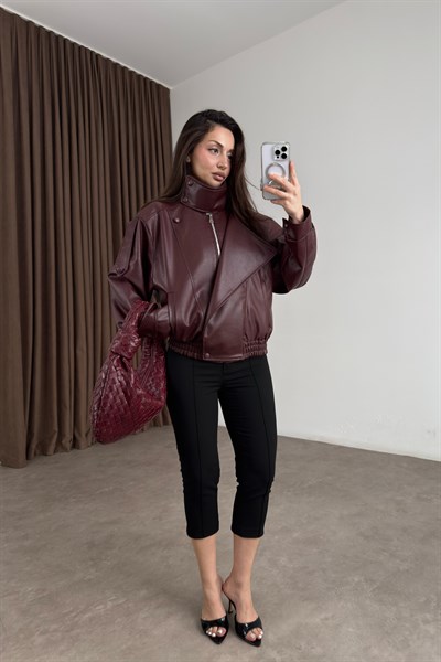 Dik Yakalı Bordo Kroko Deri Ceket
