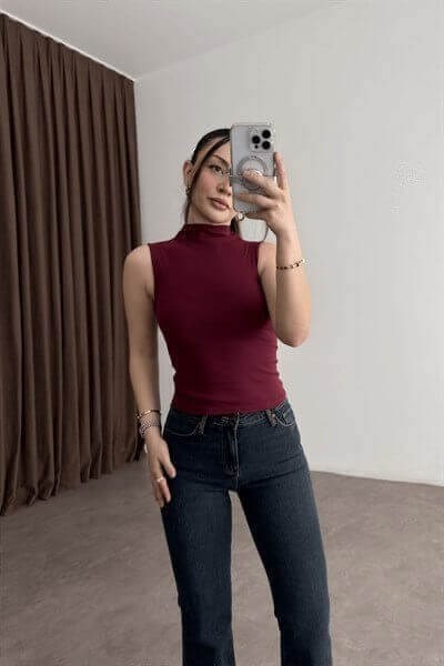 Dik Yakalı Bordo Pamuk Bluz