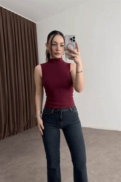 Dik Yakalı Bordo Pamuk Bluz