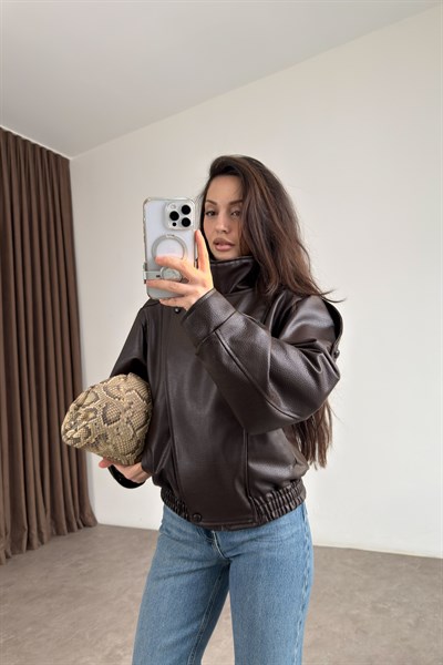 Dik Yakalı Kahve Kroko Deri Ceket