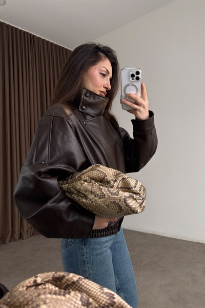 Dik Yakalı Kahve Kroko Deri Ceket