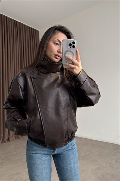 Dik Yakalı Kahve Kroko Deri Ceket