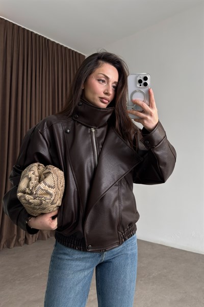 Dik Yakalı Kahve Kroko Deri Ceket