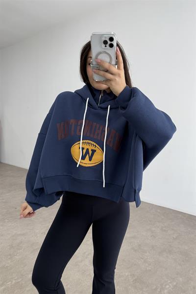 Dik Yakalı Kapüşonlu Kalın Şardonlu Lacivet Sweatshirt