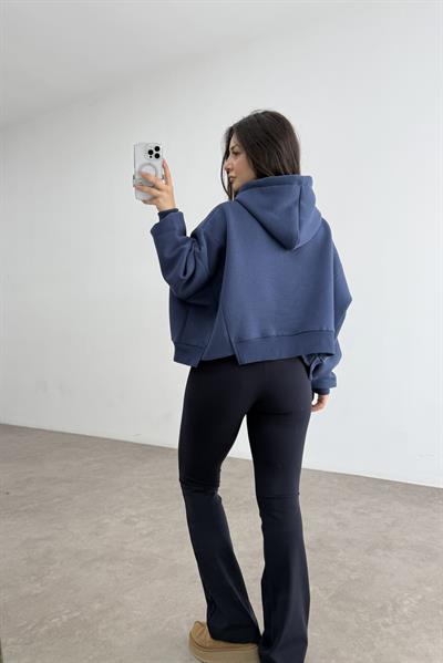 Dik Yakalı Kapüşonlu Kalın Şardonlu Lacivet Sweatshirt