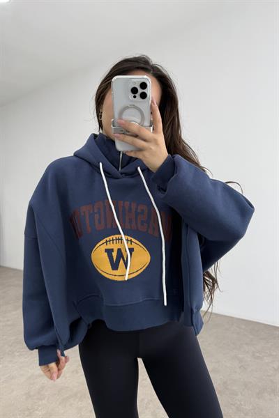 Dik Yakalı Kapüşonlu Kalın Şardonlu Lacivet Sweatshirt