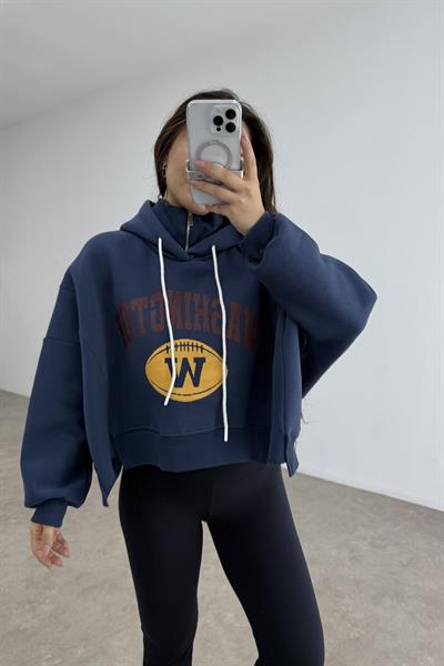 Dik Yakalı Kapüşonlu Kalın Şardonlu Lacivet Sweatshirt