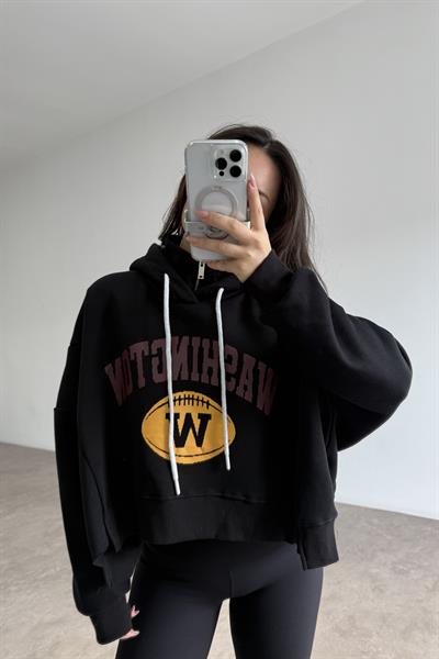 Dik Yakalı Kapüşonlu Kalın Şardonlu Siyah Sweatshirt