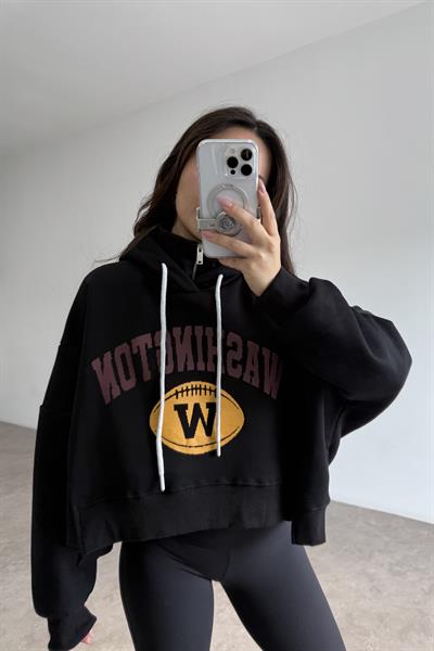 Dik Yakalı Kapüşonlu Kalın Şardonlu Siyah Sweatshirt